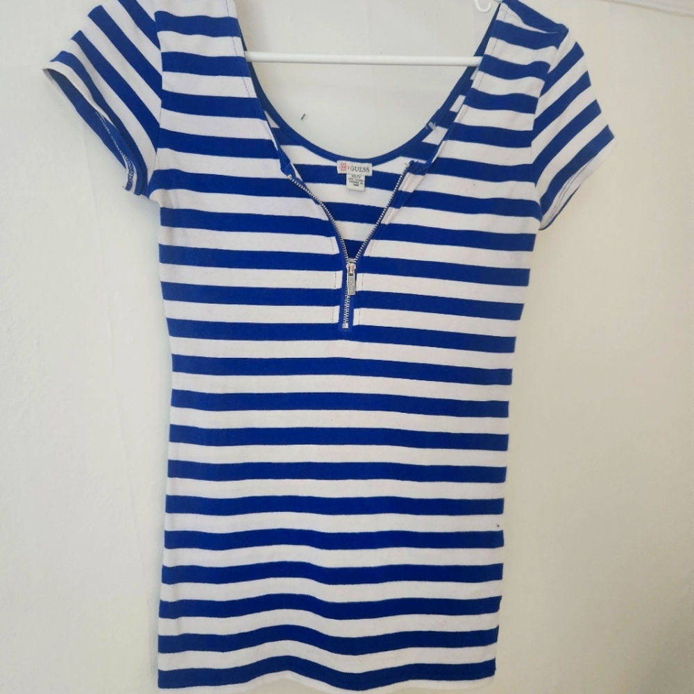 Guess blue and white striped zip down t-shirt